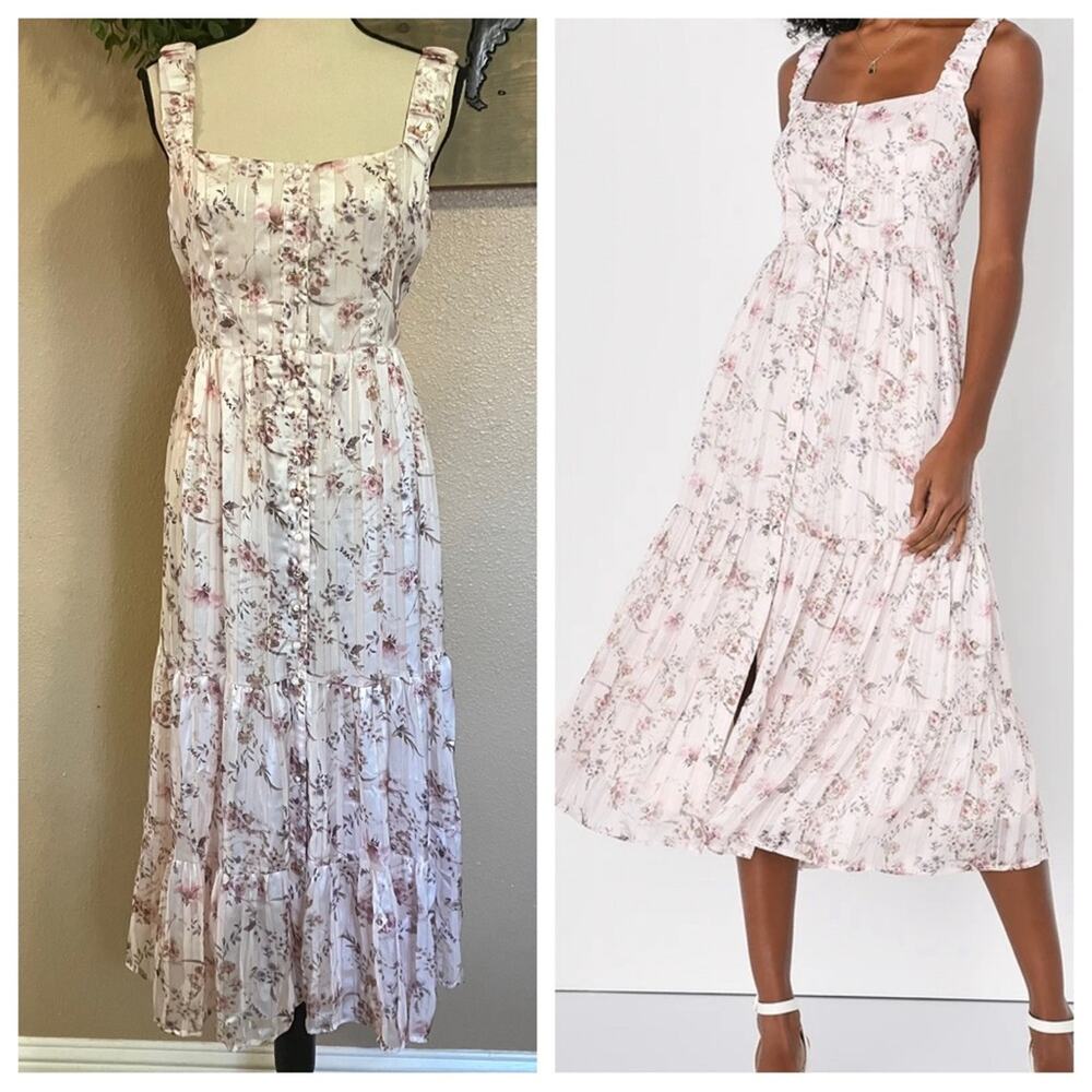 NWOT Lulus Dreamy Weekend Pink Floral Burnout Striped Lurex Midi Dress